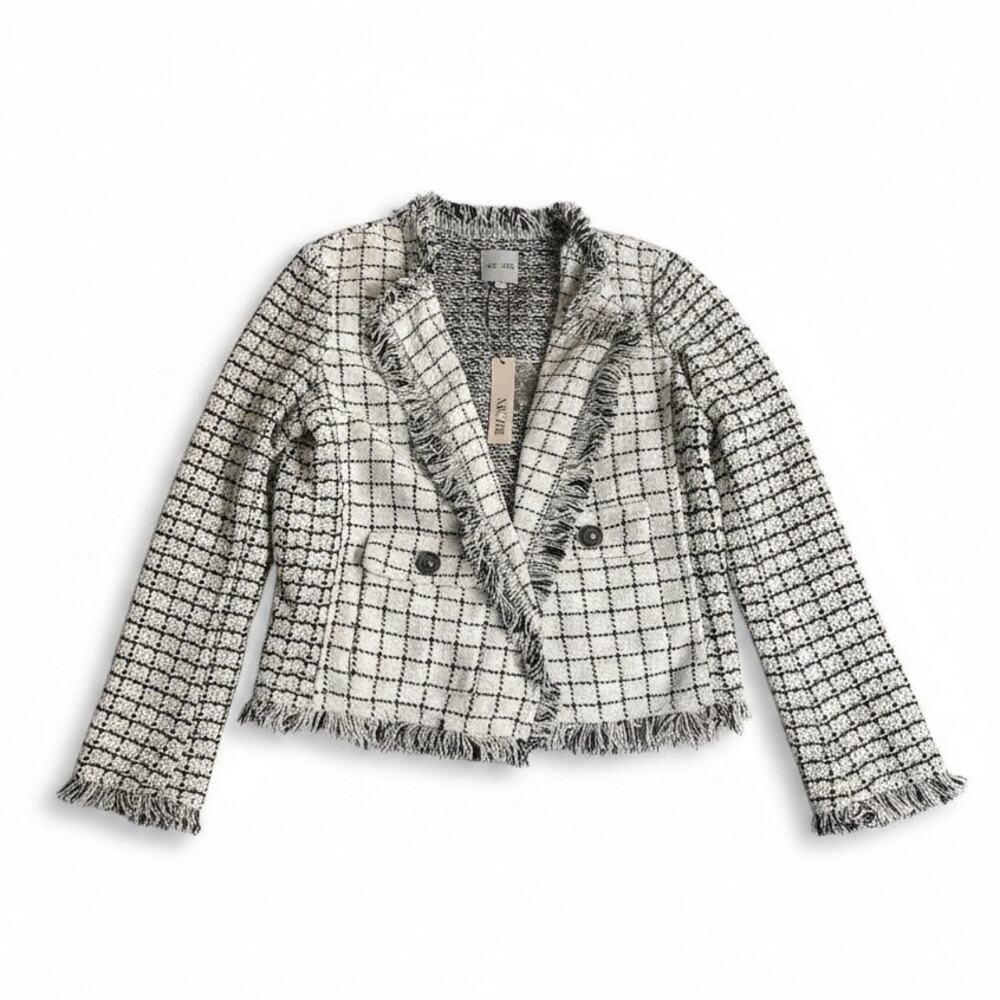 Nic+Zoe Black & White Grid Fringe Mix Knit Jacket Size Small NWT